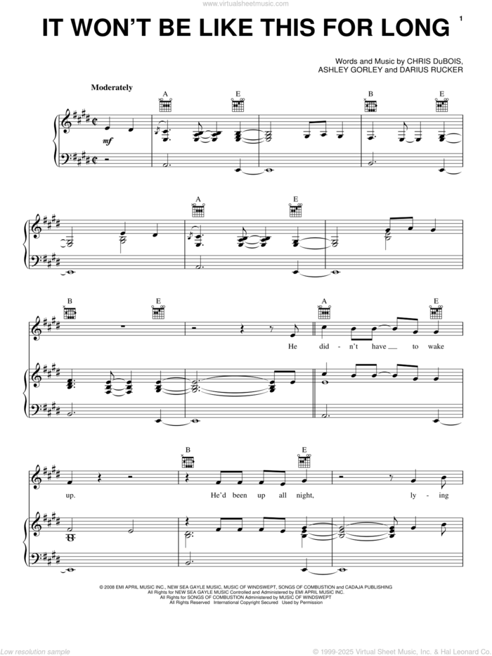 It Won't Be Like This For Long sheet music for voice, piano or guitar by Darius Rucker, Ashley Gorley and Chris DuBois, intermediate skill level