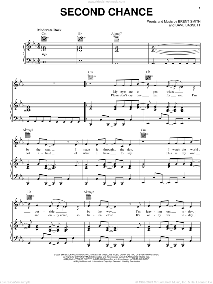 Second Chance sheet music for voice, piano or guitar by Shinedown, Brent Smith and Dave Bassett, intermediate skill level
