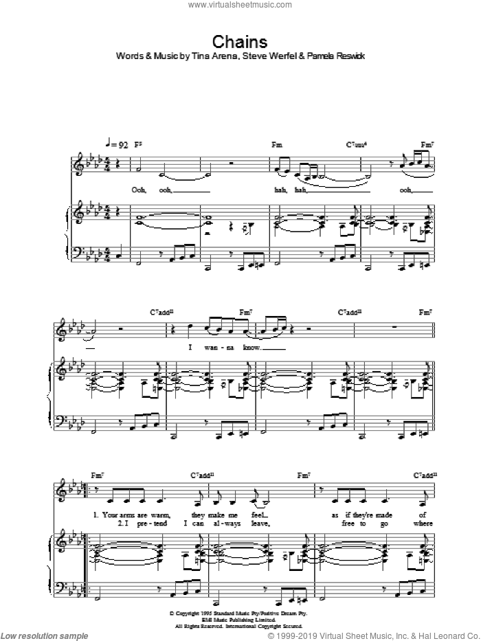 Chains sheet music for voice, piano or guitar by Tina Arena, intermediate skill level