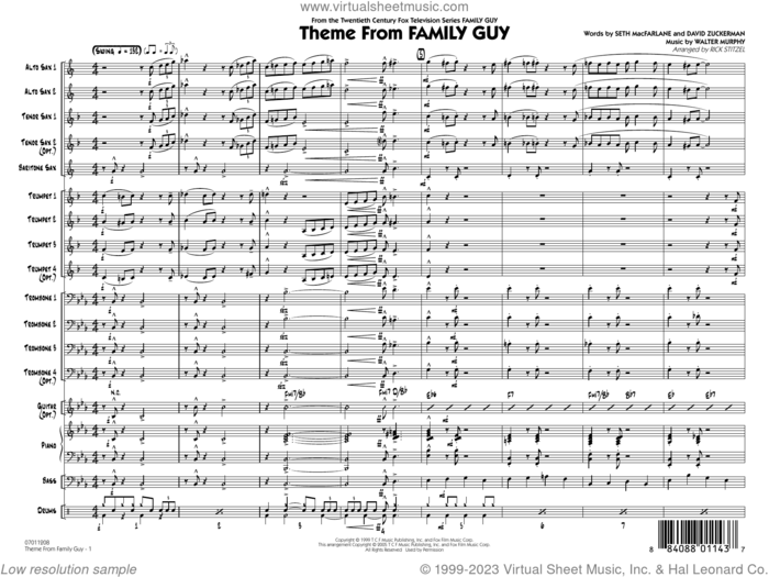 Theme from Family Guy (arr. Rick Stitzel) (COMPLETE) sheet music for jazz band by Rick Stitzel, David Zuckerman, Seth MacFarlane and Walter Murphy, intermediate skill level