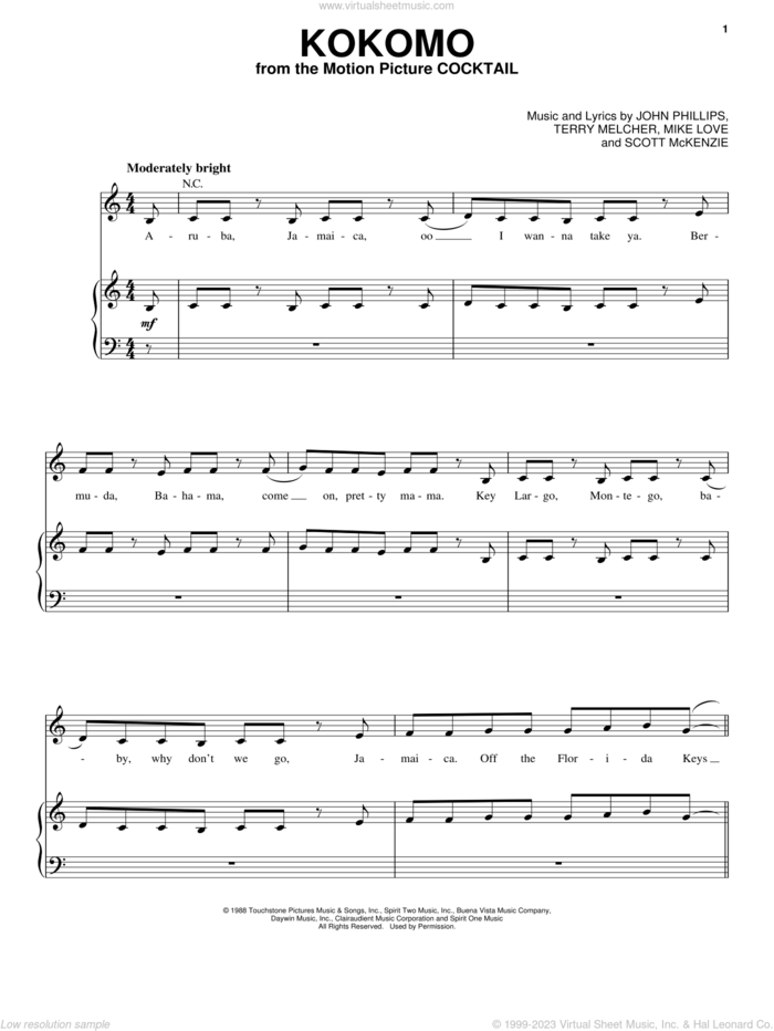 Kokomo sheet music for voice, piano or guitar by The Beach Boys, John Phillips, Mike Love and Scott McKenzie, intermediate skill level