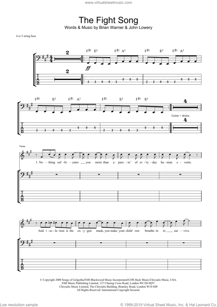 The Fight Song sheet music for bass (tablature) (bass guitar) by Marilyn Manson, Brian Warner and John Lowery, intermediate skill level
