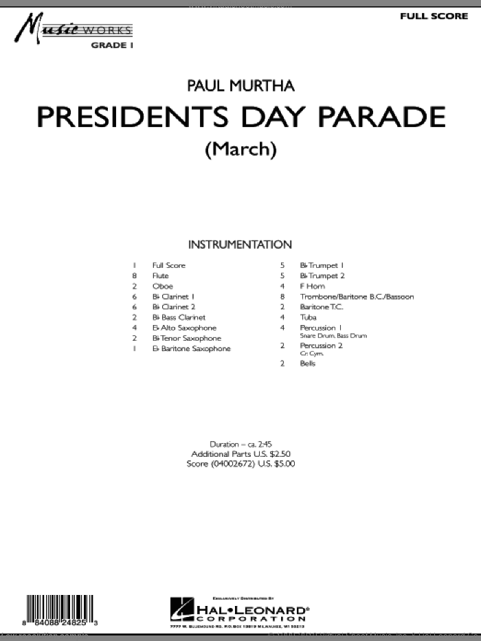 Presidents Day Parade (March) (COMPLETE) sheet music for concert band by Paul Murtha, intermediate skill level
