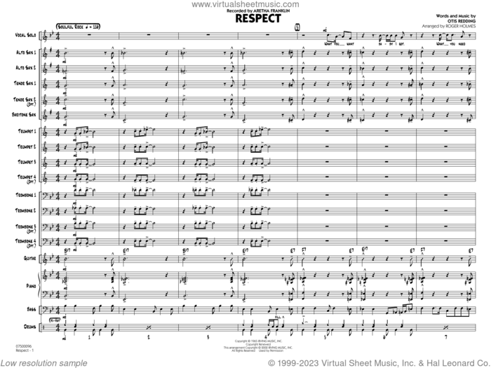 Respect (arr. Roger Holmes) (COMPLETE) sheet music for jazz band by Otis Redding, Aretha Franklin and Roger Holmes, intermediate skill level