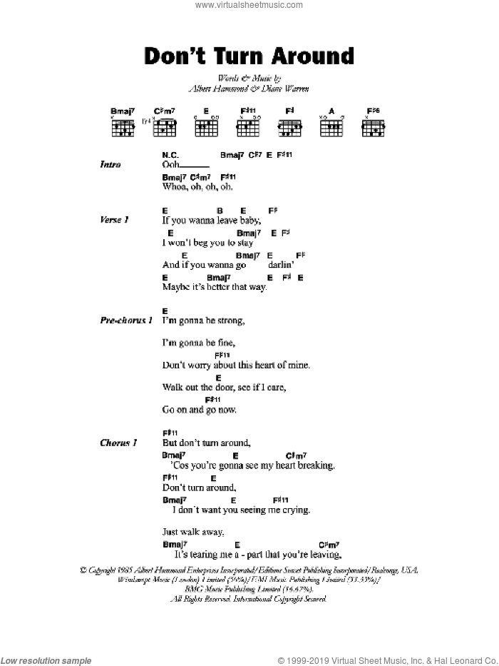 Don't Turn Around sheet music for guitar (chords) by Aswad, Albert Hammond and Diane Warren, intermediate skill level