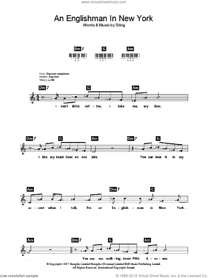 An Englishman In New York sheet music for piano solo (chords, lyrics, melody) by Sting, intermediate piano (chords, lyrics, melody)