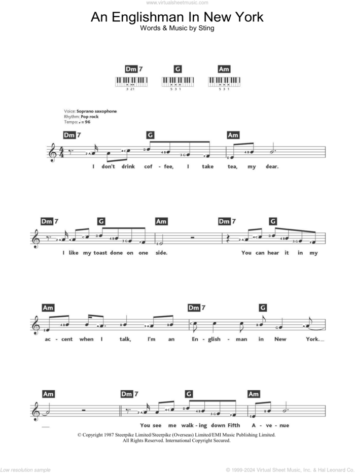 An Englishman In New York sheet music for piano solo (chords, lyrics, melody) by Sting, intermediate piano (chords, lyrics, melody)