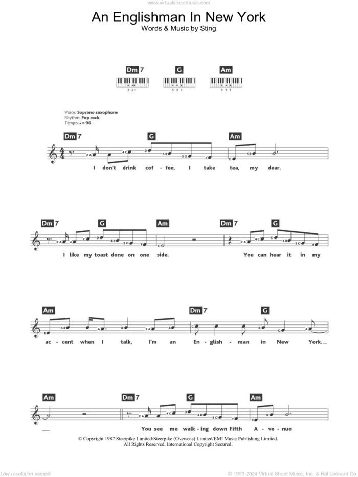 An Englishman In New York sheet music for piano solo (chords, lyrics, melody) by Sting, intermediate piano (chords, lyrics, melody)