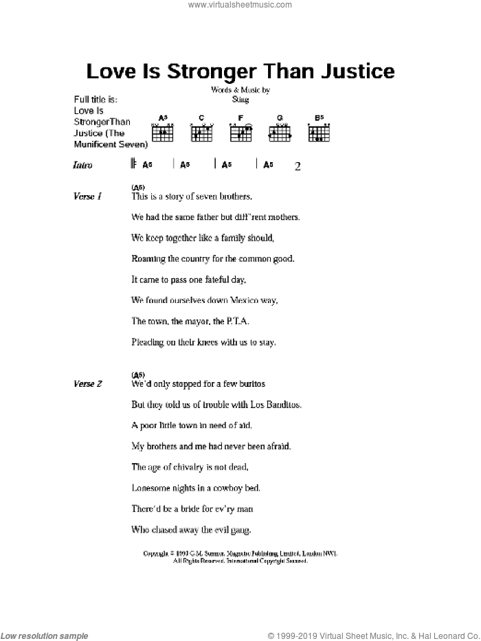 Love Is Stronger Than Justice (The Munificent Seven) sheet music for guitar (chords) by Sting, intermediate skill level