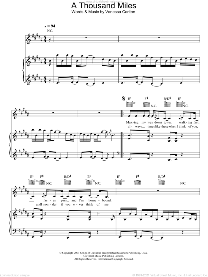 A Thousand Miles sheet music for voice, piano or guitar by Vanessa Carlton, intermediate skill level