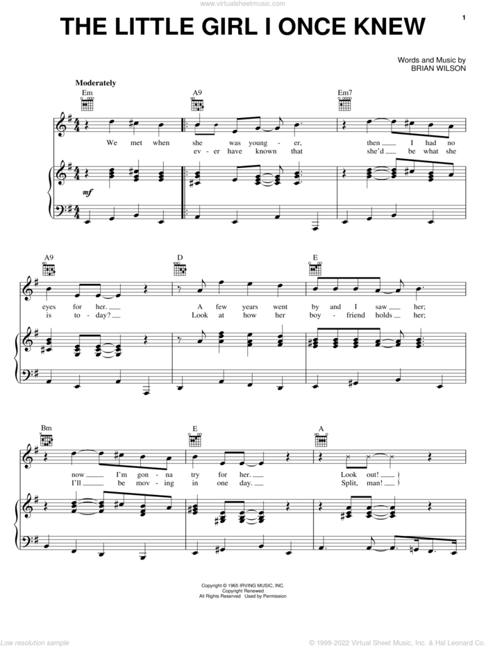 The Little Girl I Once Knew sheet music for voice, piano or guitar by The Beach Boys and Brian Wilson, intermediate skill level