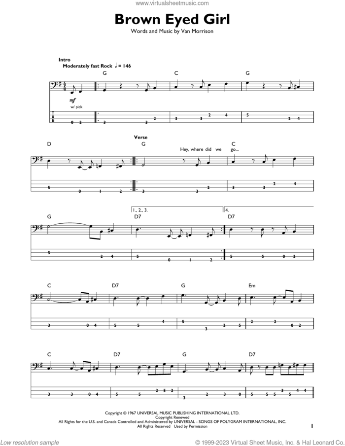 Brown Eyed Girl sheet music for bass solo by Van Morrison, intermediate skill level
