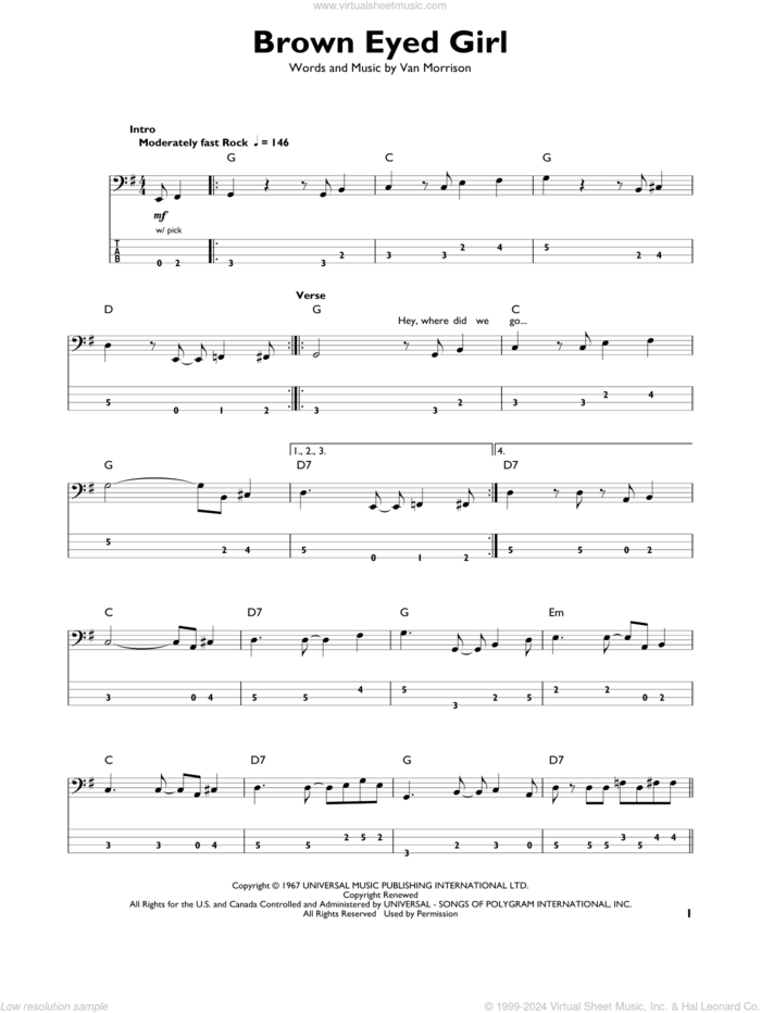 Brown Eyed Girl sheet music for bass solo by Van Morrison, intermediate skill level