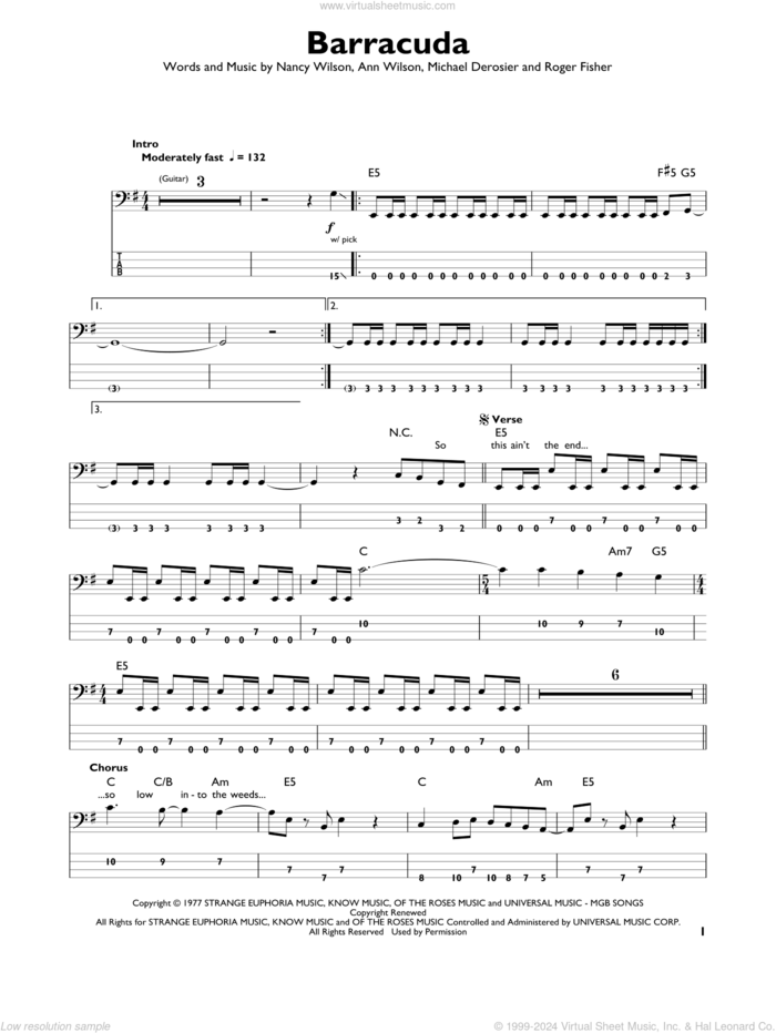 Barracuda sheet music for bass solo by Heart, Ann Wilson, Michael Derosier, Nancy Wilson and Roger Fisher, intermediate skill level