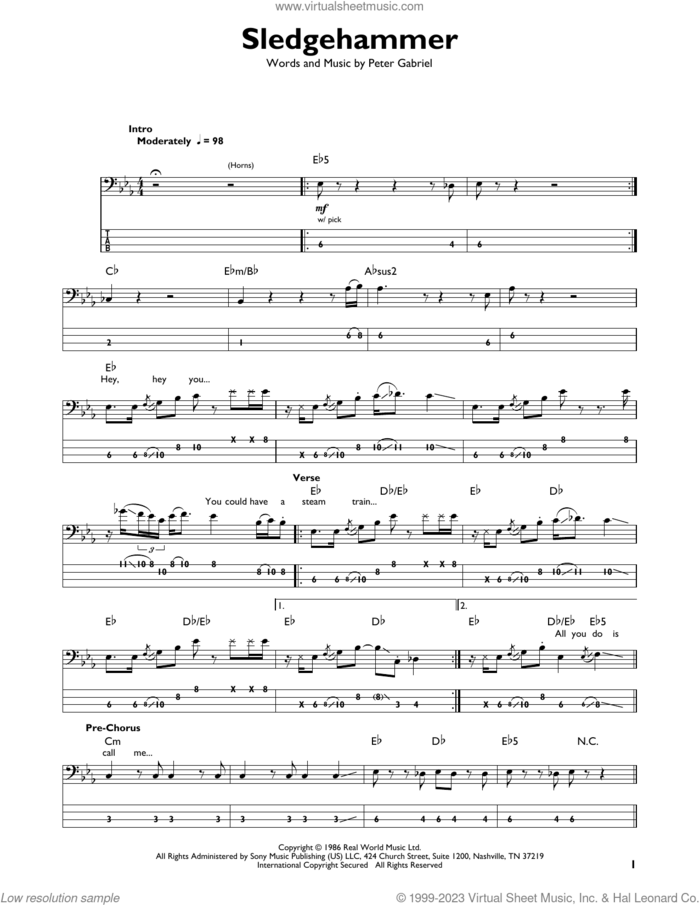 Sledgehammer sheet music for bass solo by Peter Gabriel, intermediate skill level