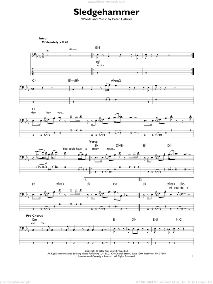 Sledgehammer sheet music for bass solo by Peter Gabriel, intermediate skill level