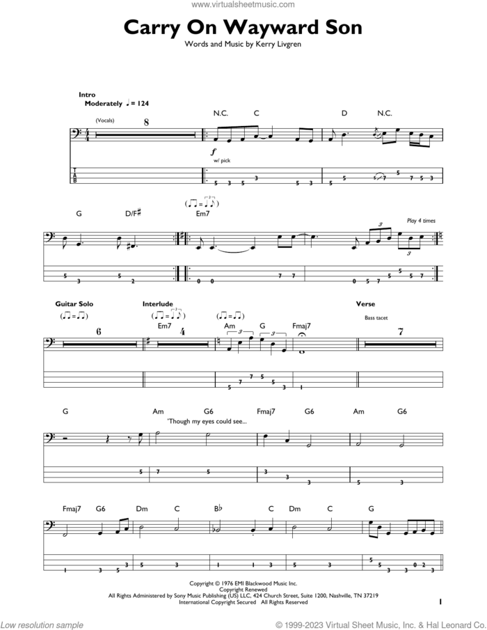 Carry On Wayward Son sheet music for bass solo by Kansas and Kerry Livgren, intermediate skill level