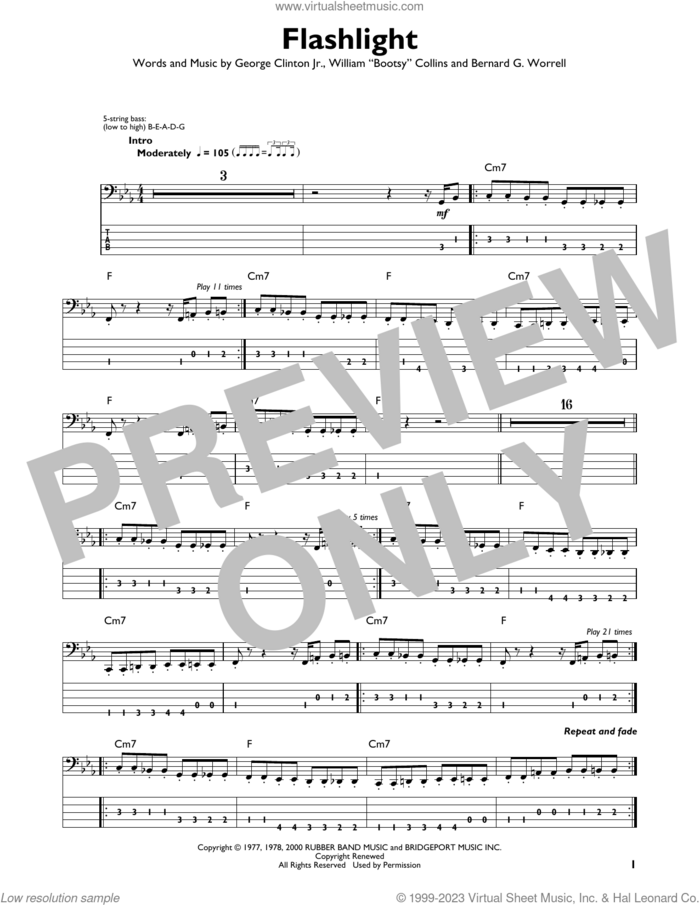 Flashlight sheet music for bass solo by Parliament, Bernard G. Worrell, George Clinton Jr. and William Collins, intermediate skill level