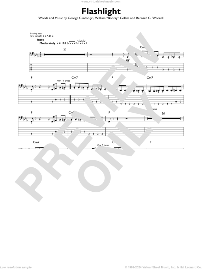 Flashlight sheet music for bass solo by Parliament, Bernard G. Worrell, George Clinton Jr. and William Collins, intermediate skill level