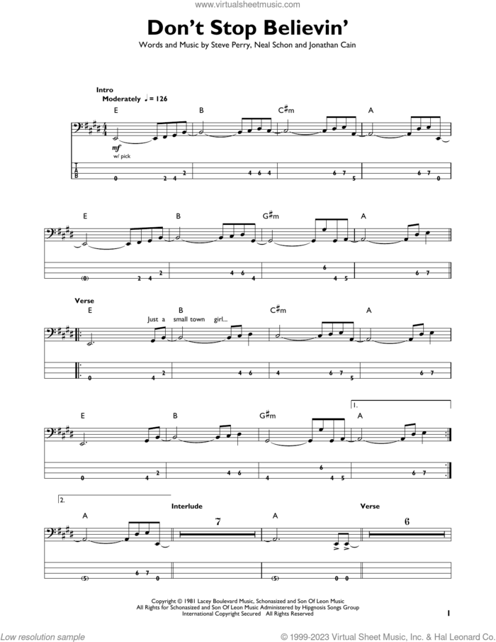 Don't Stop Believin' sheet music for bass solo by Journey, Jonathan Cain, Neal Schon and Steve Perry, intermediate skill level