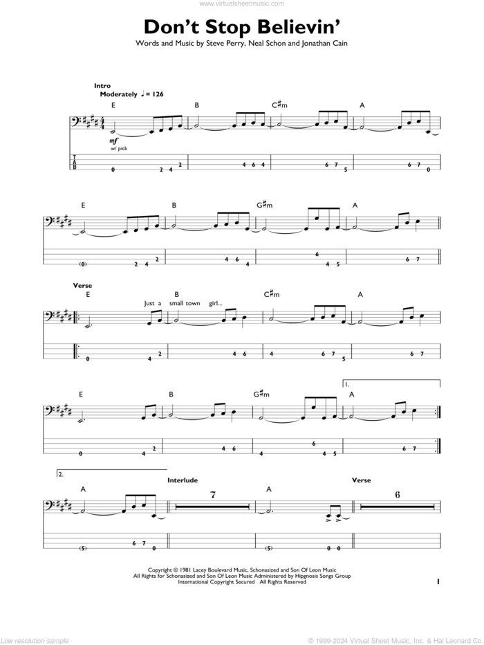 Don't Stop Believin' sheet music for bass solo by Journey, Jonathan Cain, Neal Schon and Steve Perry, intermediate skill level