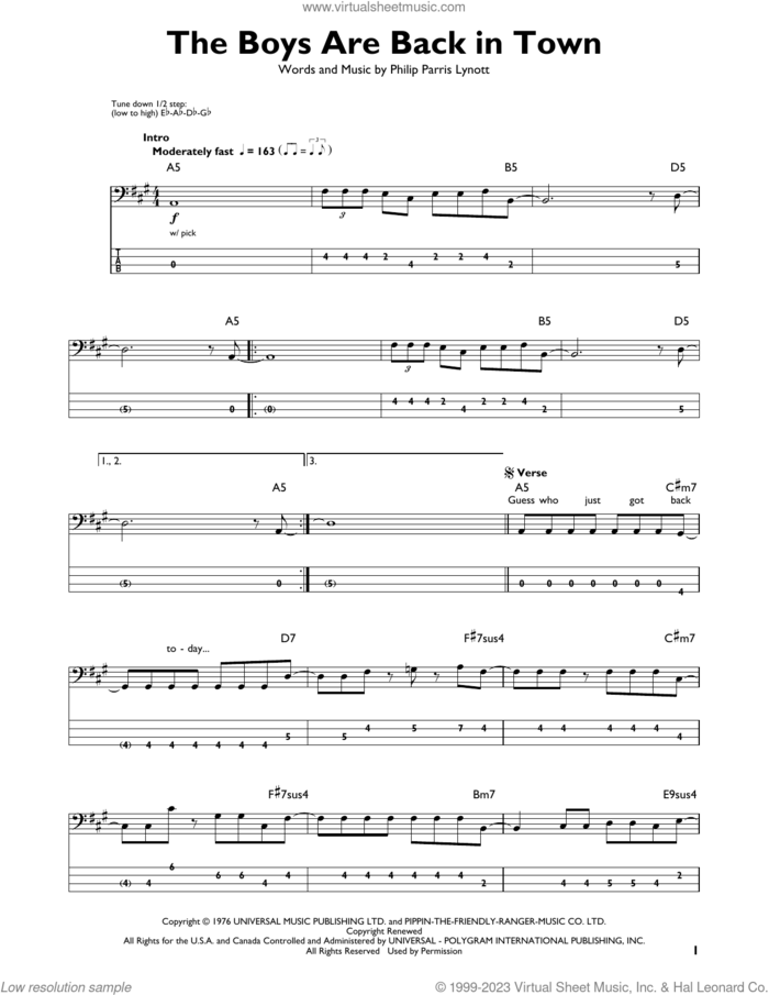 The Boys Are Back In Town sheet music for bass solo by Thin Lizzy and Phil Lynott, intermediate skill level