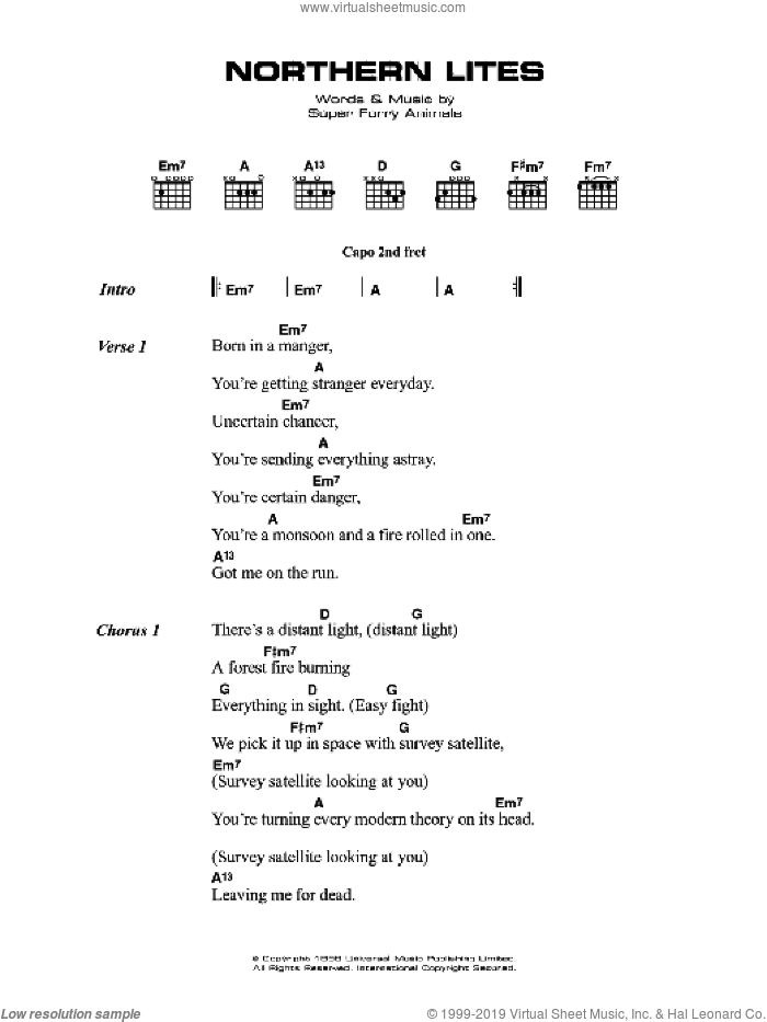 Northern Lites sheet music for guitar (chords) by Super Furry Animals, Cian Ciaran, Dafydd Ieuan, Gruffydd Rhys, Guto Pryce and Huw Bunford, intermediate skill level