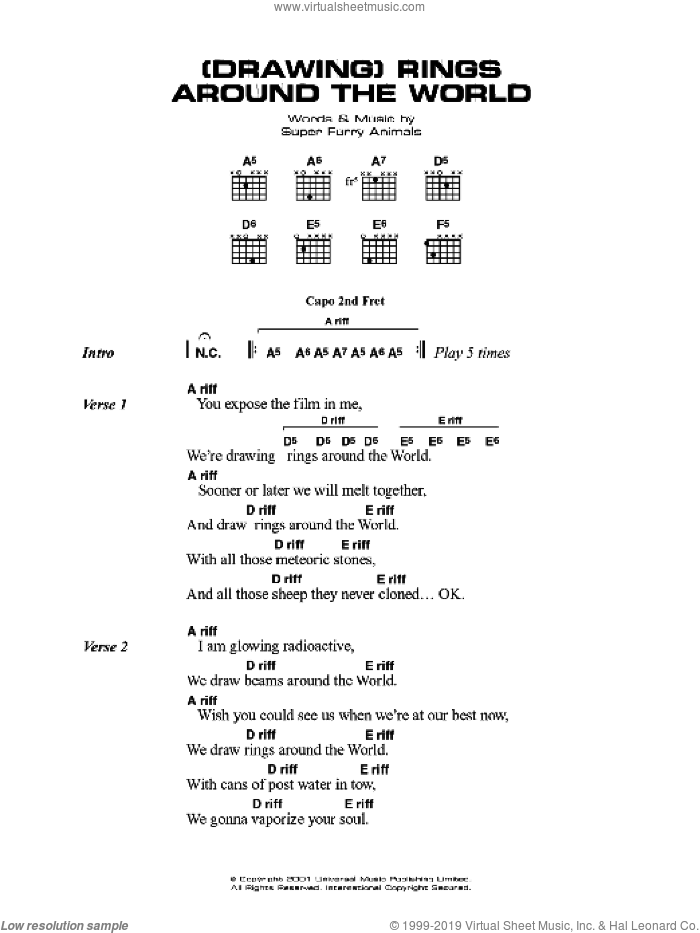 (Drawing) Rings Around The World sheet music for guitar (chords) by Super Furry Animals, Cian Ciaran, Dafydd Ieuan, Gruff Rhys, Guto Pryce and Huw Bunford, intermediate skill level