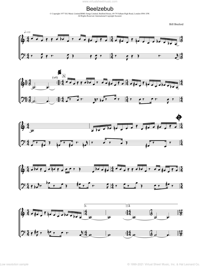 Beelzebub sheet music for piano solo by Bill Bruford, intermediate skill level
