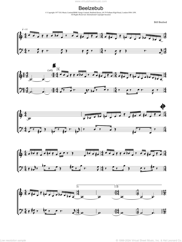 Beelzebub sheet music for piano solo by Bill Bruford, intermediate skill level