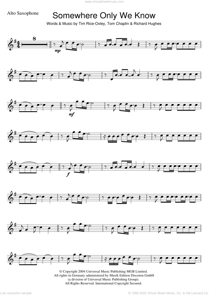Somewhere Only We Know sheet music for alto saxophone solo by Tim Rice-Oxley, Richard Hughes and Tom Chaplin, intermediate skill level