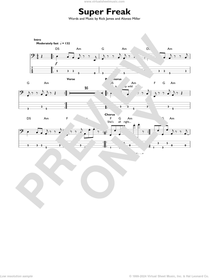 Super Freak sheet music for bass solo by Rick James and Alonzo Miller, intermediate skill level