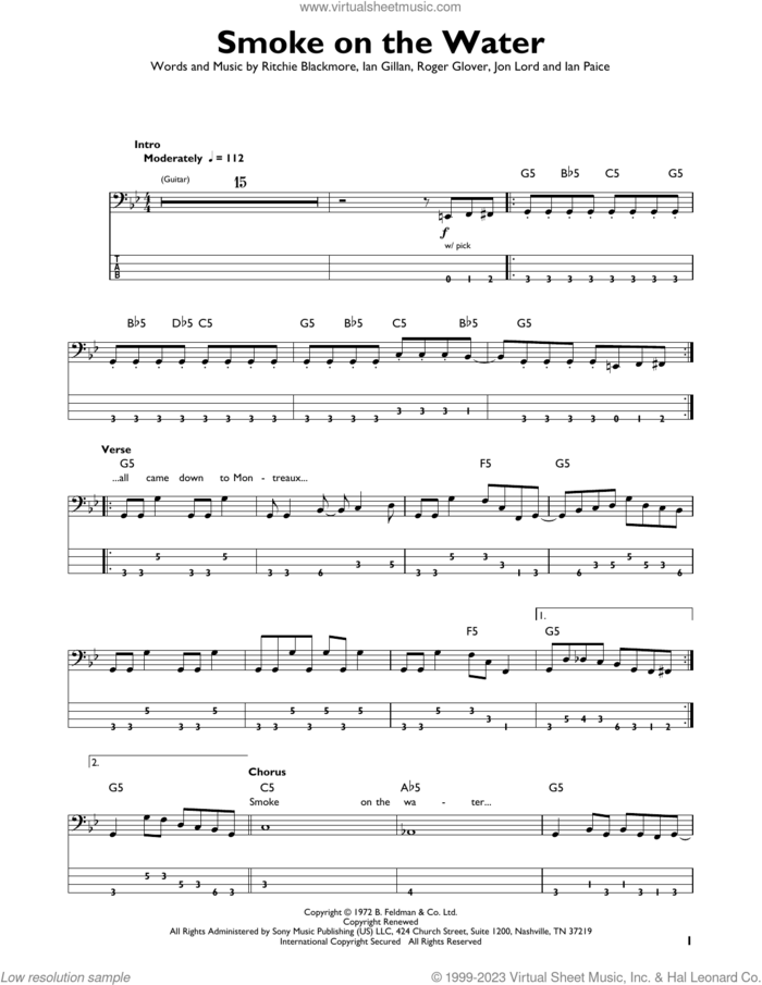 Smoke On The Water sheet music for bass solo by Deep Purple, Ian Gillan, Ian Paice, Jon Lord, Ritchie Blackmore and Roger Glover, intermediate skill level