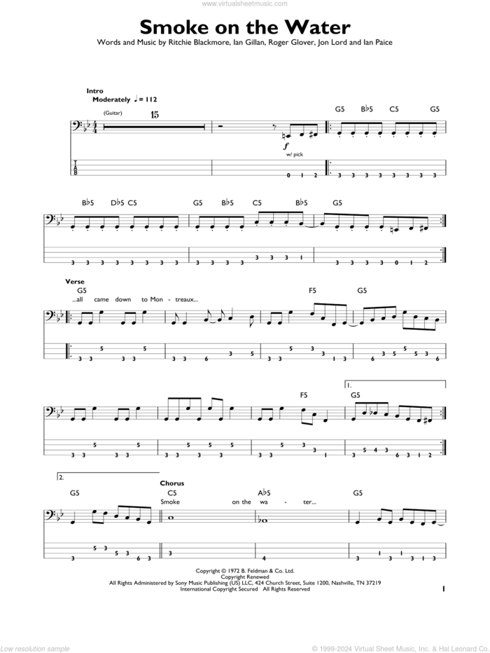 Smoke On The Water sheet music for bass solo by Deep Purple, Ian Gillan, Ian Paice, Jon Lord, Ritchie Blackmore and Roger Glover, intermediate skill level