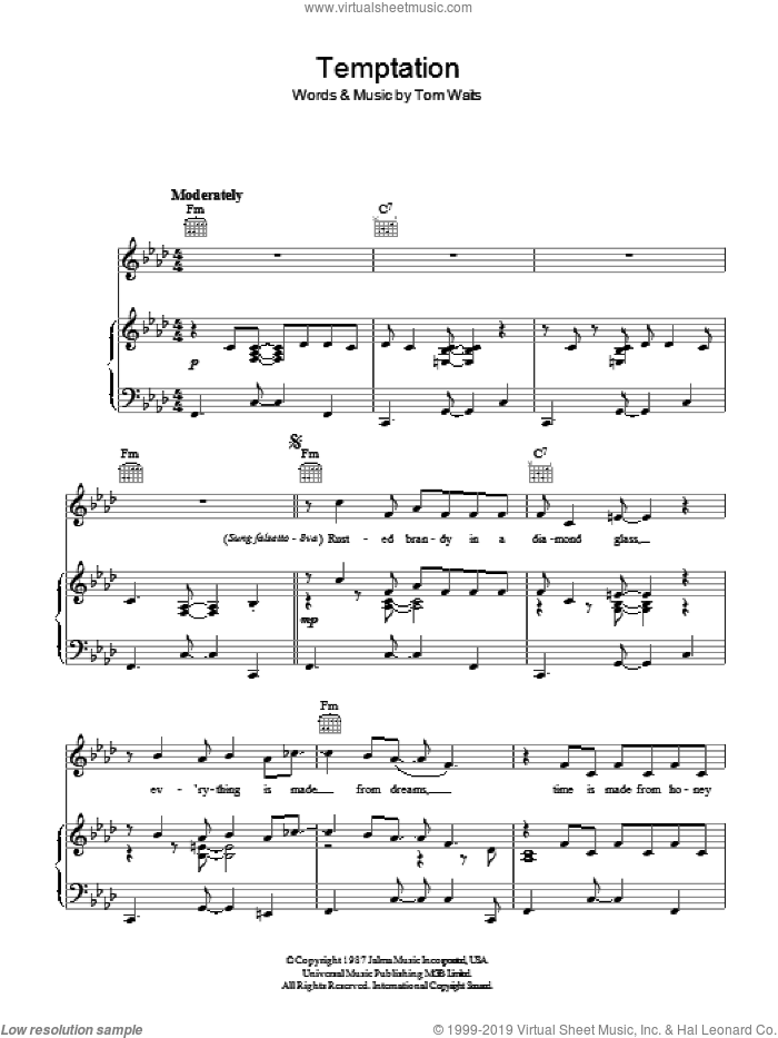 Temptation sheet music for voice, piano or guitar by Tom Waits, intermediate skill level