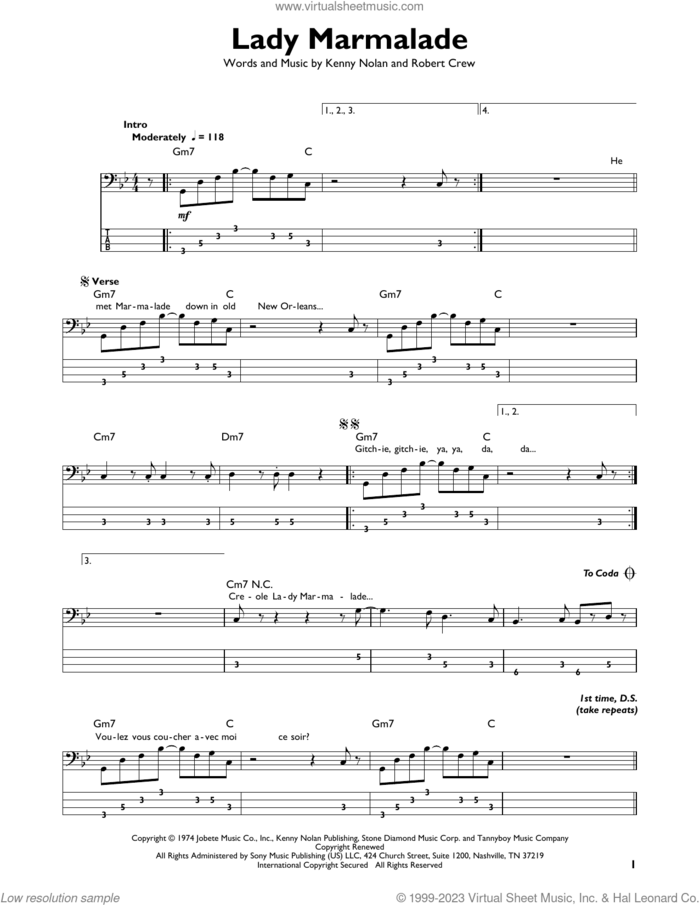 Lady Marmalade sheet music for bass solo by Kenny Nolan, Patti LaBelle and Robert Crew, intermediate skill level