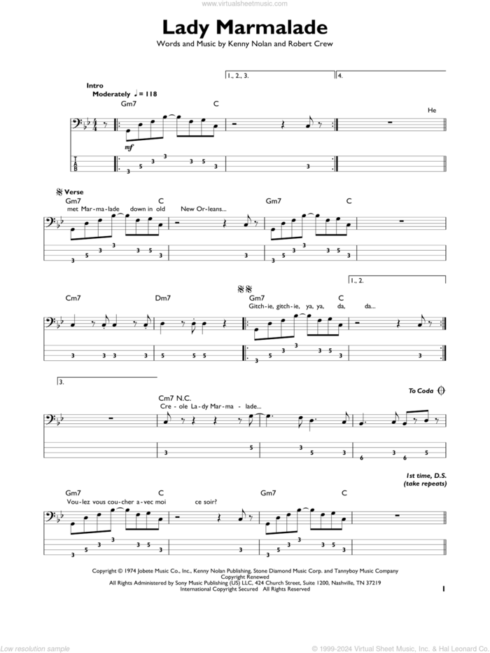 Lady Marmalade sheet music for bass solo by Kenny Nolan, Patti LaBelle and Robert Crew, intermediate skill level