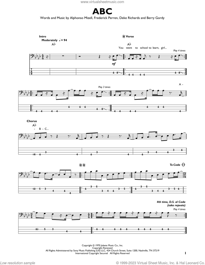 ABC sheet music for bass solo by The Jackson 5, Alphonso Mizell, Berry Gordy, Deke Richards and Frederick Perren, intermediate skill level