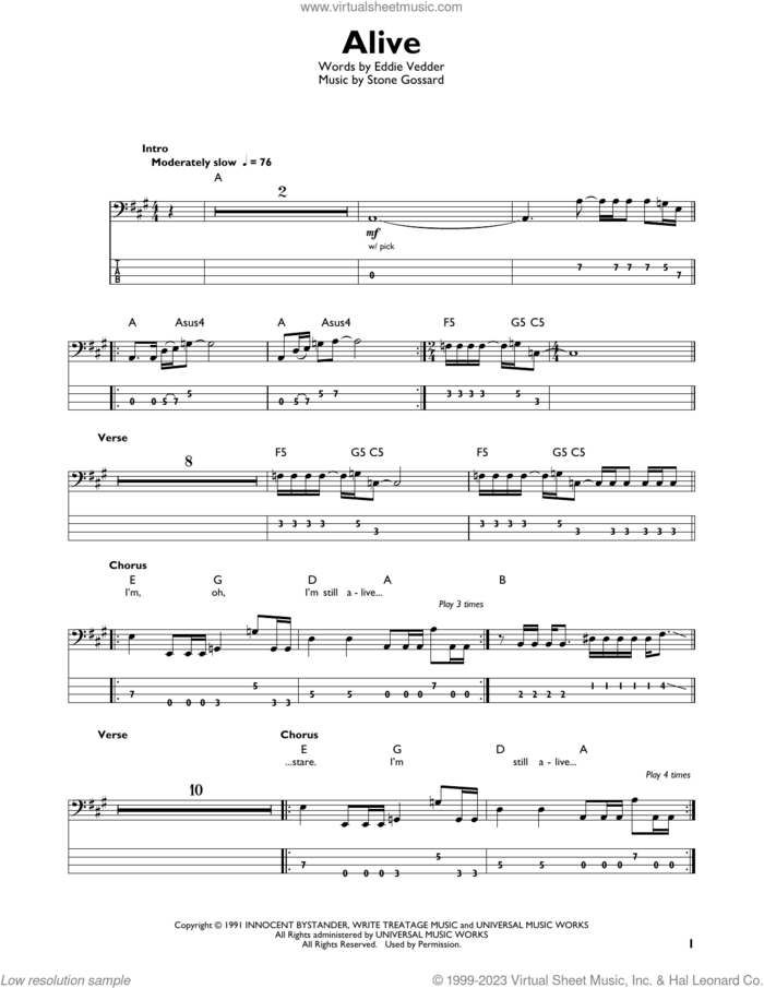 Alive sheet music for bass solo by Pearl Jam, Eddie Vedder and Stone Gossard, intermediate skill level