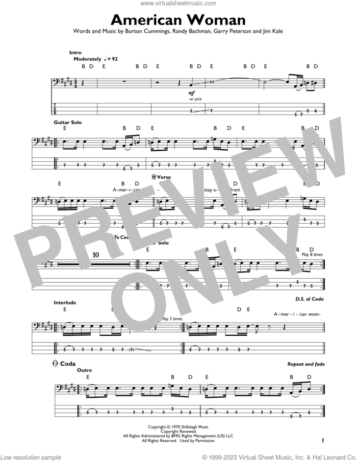American Woman sheet music for bass solo by The Guess Who, Burton Cummings, Garry Peterson, Jim Kale and Randy Bachman, intermediate skill level