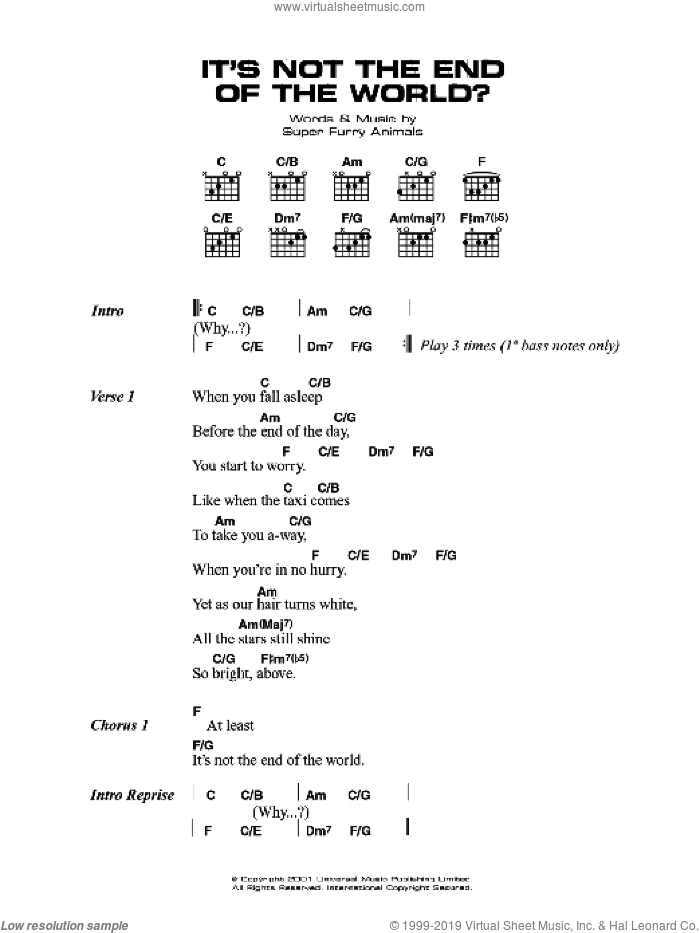 It's Not The End Of The World sheet music for guitar (chords) by Super Furry Animals, Cian Ciaran, Dafydd Ieuan, Gruff Rhys, Guto Pryce and Huw Bunford, intermediate skill level
