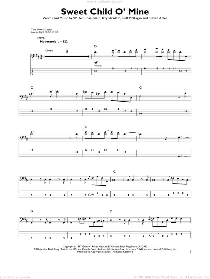 Sweet Child O' Mine sheet music for bass solo by Guns N' Roses, Axl Rose, Duff McKagan, Slash and Steven Adler, intermediate skill level