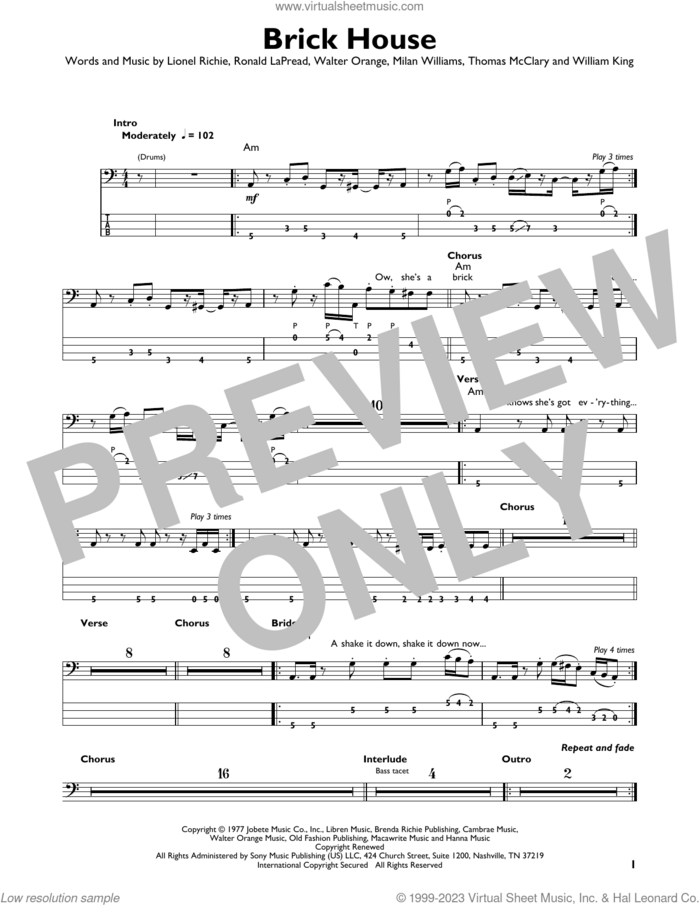 Brick House sheet music for bass solo by Lionel Richie, The Commodores, Milan Williams, Ronald LaPread, Thomas McClary, Walter Orange and William King, intermediate skill level