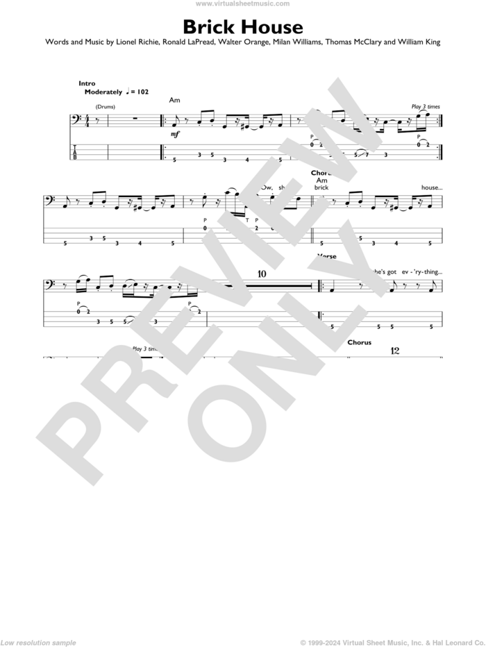 Brick House sheet music for bass solo by Lionel Richie, The Commodores, Milan Williams, Ronald LaPread, Thomas McClary, Walter Orange and William King, intermediate skill level