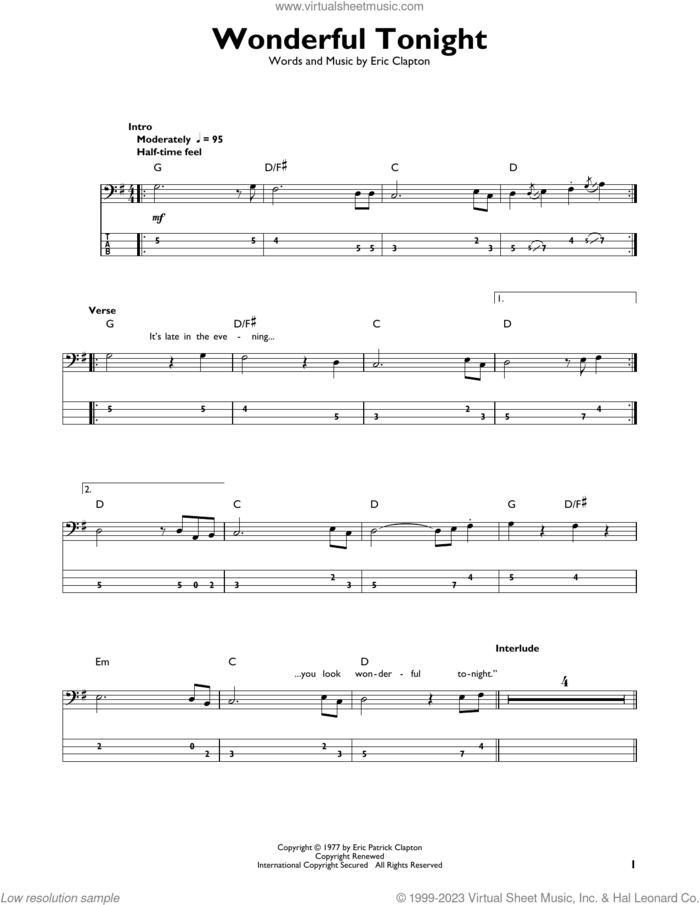 Wonderful Tonight sheet music for bass solo by Eric Clapton, intermediate skill level
