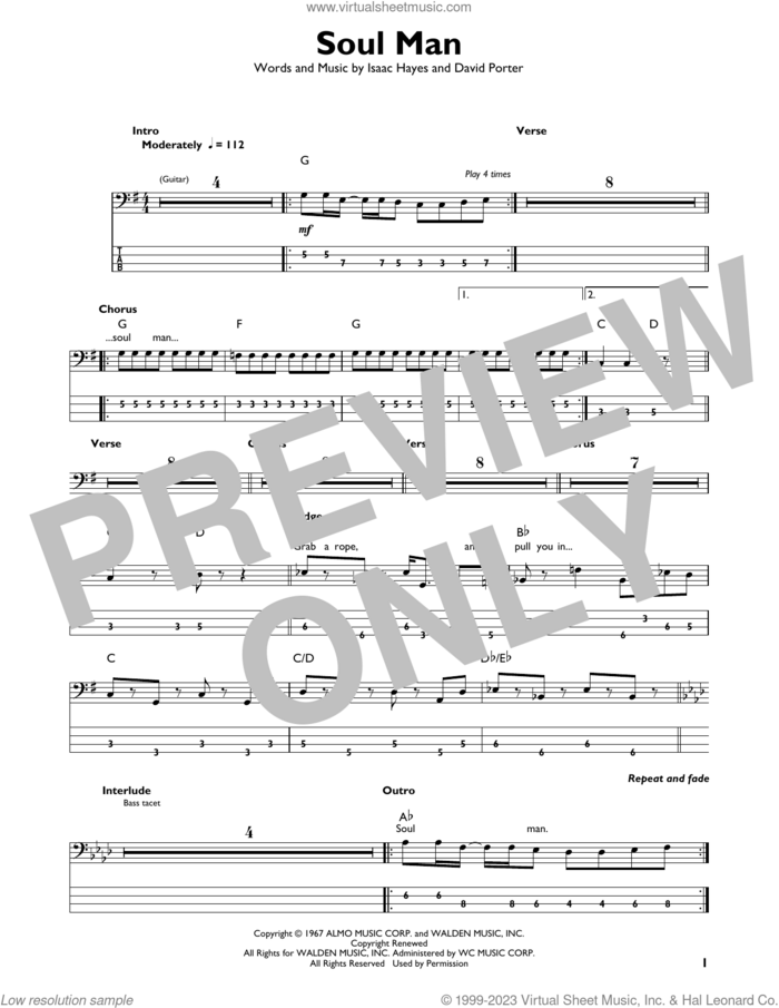 Soul Man sheet music for bass solo by Sam & Dave, David Porter and Isaac Hayes, intermediate skill level