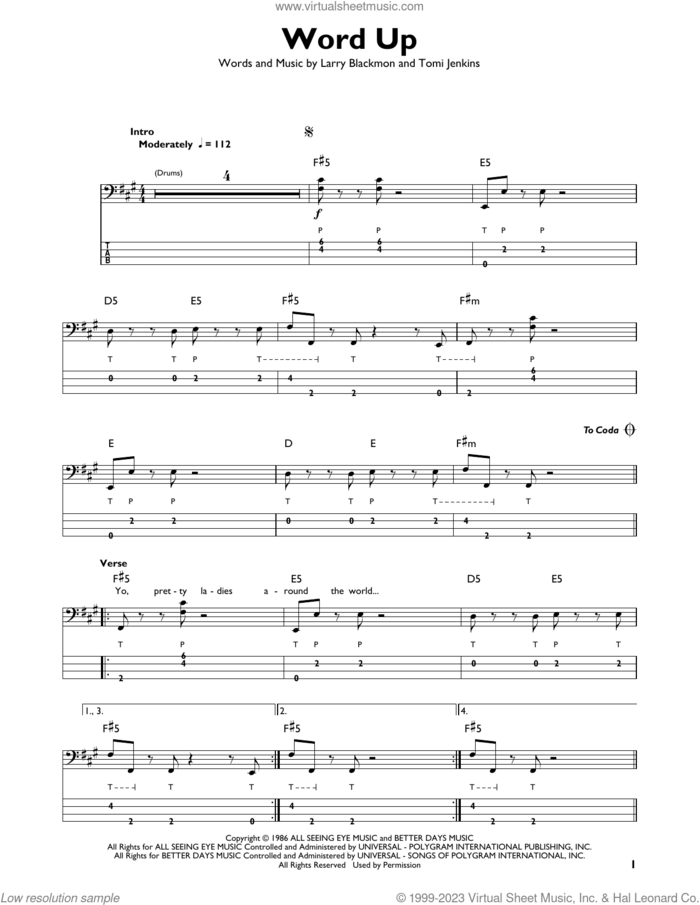 Word Up sheet music for bass solo by Cameo, Korn, Larry Blackmon and Tomi Jenkins, intermediate skill level