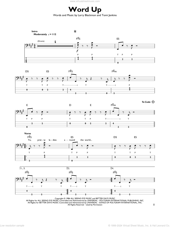 Word Up sheet music for bass solo by Cameo, Korn, Larry Blackmon and Tomi Jenkins, intermediate skill level