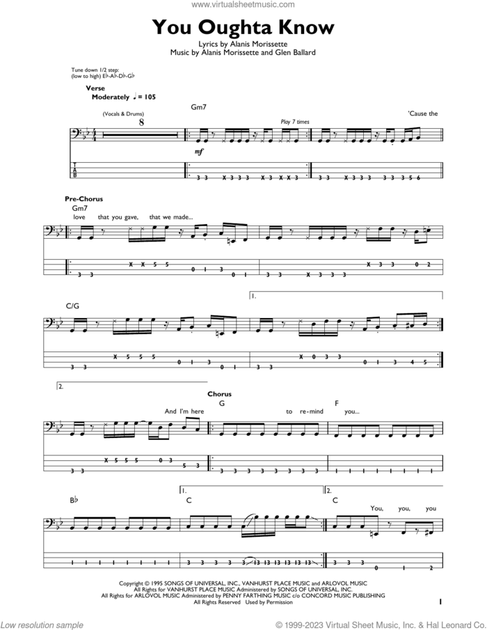 You Oughta Know sheet music for bass solo by Alanis Morissette and Glen Ballard, intermediate skill level
