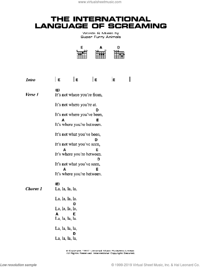 The International Language Of Screaming sheet music for guitar (chords) by Super Furry Animals, Cian Ciaran, Dafydd Ieuan, Gruff Rhys, Guto Pryce and Huw Bunford, intermediate skill level